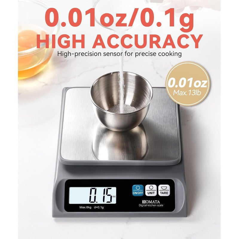BOMATA 0.1g/ 13lb Food Scale, Digital Kitchen Scale with Removable Stainless Steel Pan, Backlit LCD Display, for Cooking, Baking B621 Grey - Image 2